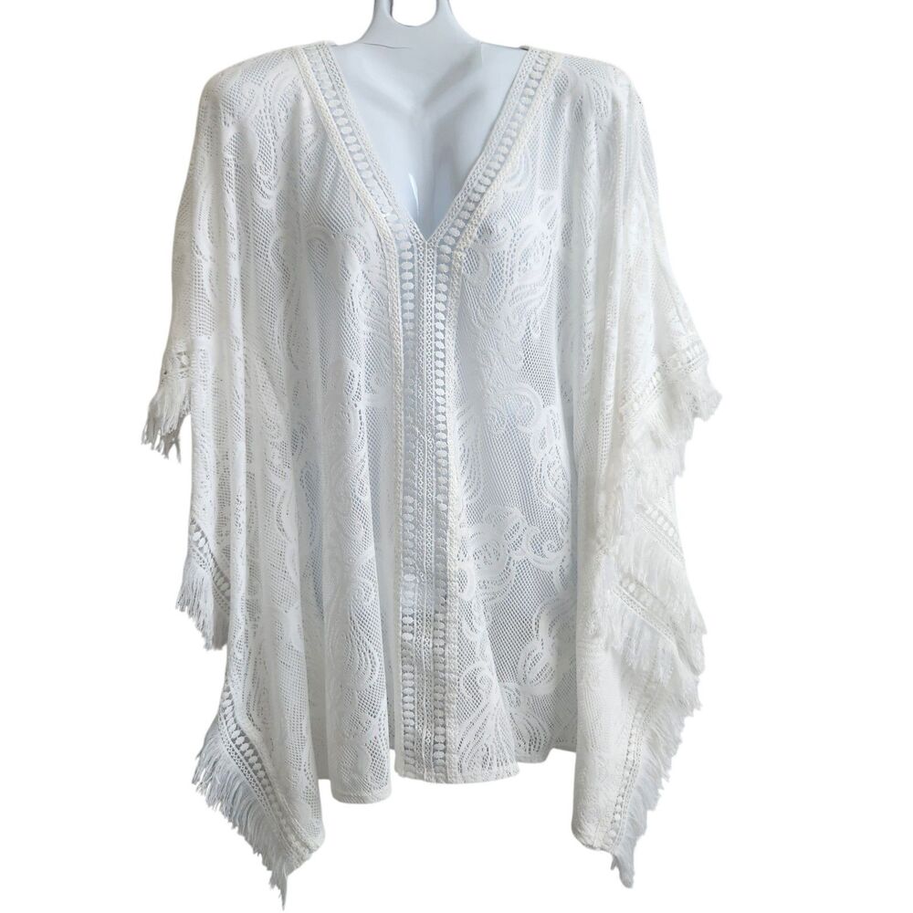 Lilly Pulitzer Sea View White Lace Fringe Poncho/Swim Cover Up S Resortwear Boho